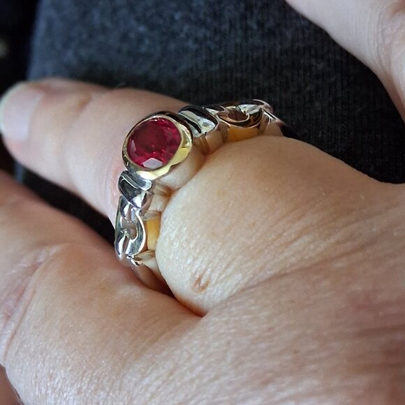 Thailand Two Tone gold silver Red Ruby Ring sz 9.25 - Picture 6 of 7